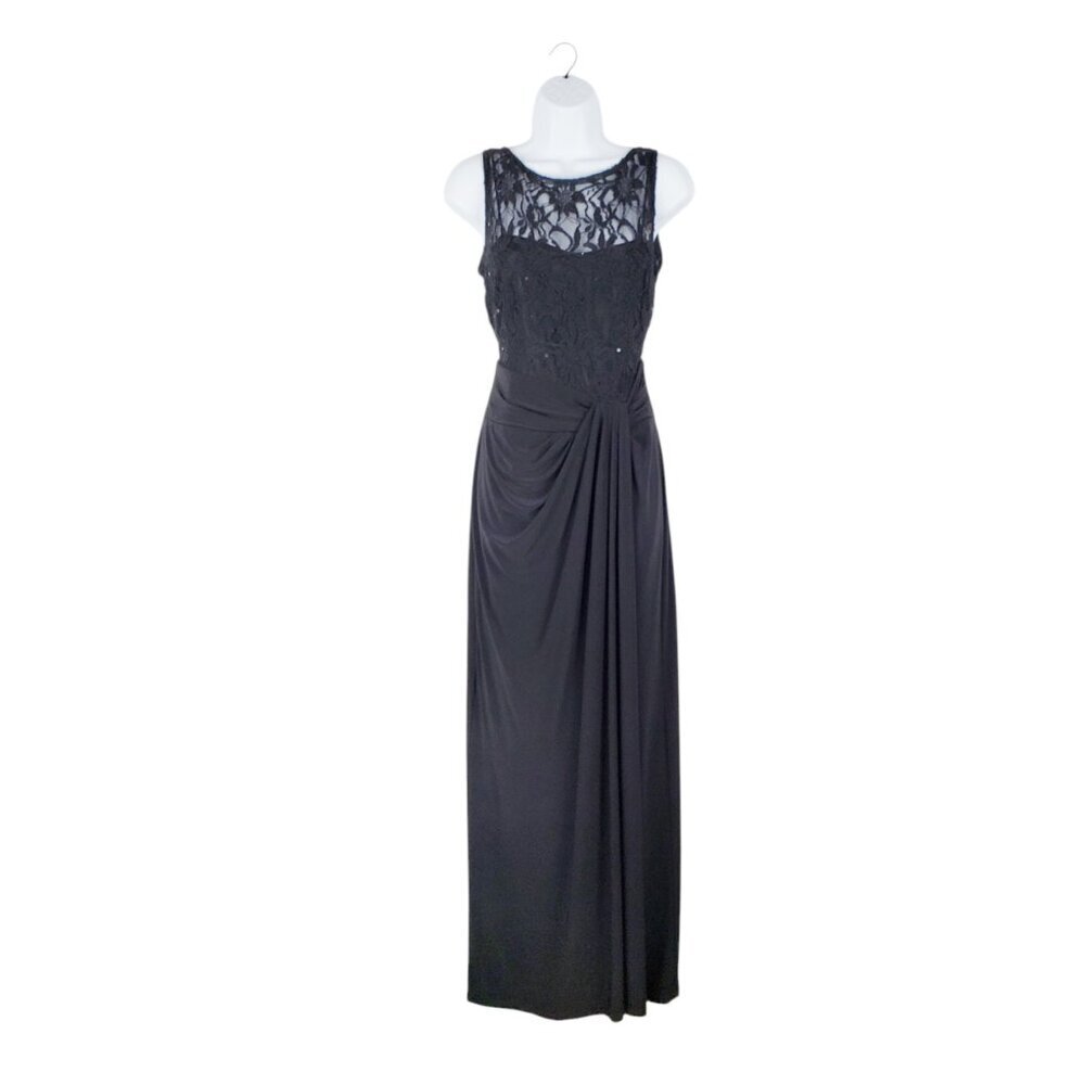 Lauren Ralph Lauren Black Lace Top Twist Waist Stretch Evening Gown Womens 8